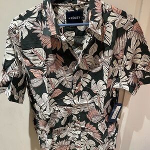 Men’s button down green with pink and white tropical print. New with tags.